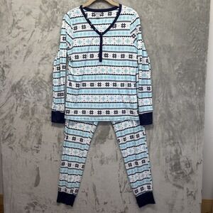 BE YOURSELF Womens 2 Pc Blue Fair Isle Long Sleeve Pajamas PJ's Size Medium EUC